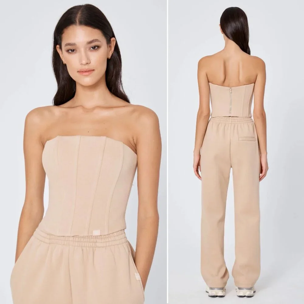 ATOIR x ROZALIA The Corset Top Size 12 L Sand Beige Boned Back Zip Stretch NEW - Picture 2 of 14